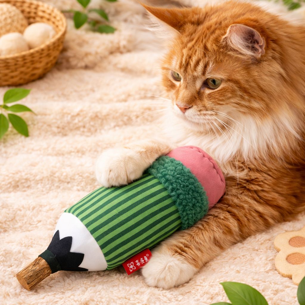 Cat Teaser Stick Toy – Catnip Plush Crinkle Toy with Natural Teething Stick | Bite-Resistant Interactive Cat Toy (24cm)