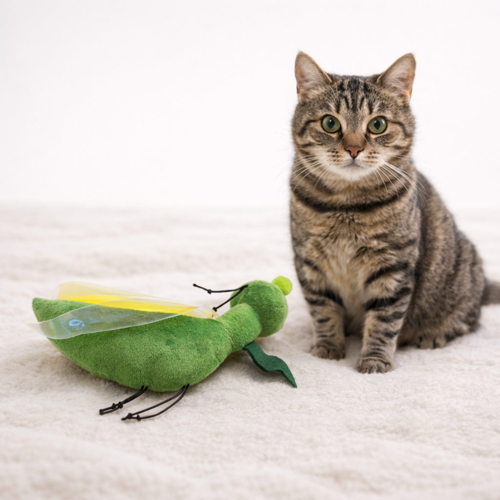 Grasshopper Catnip Toy – Plush Interactive Cat Toy with Crinkle Wings – Bite-Resistant Cat Teaser (18 x 5 cm)