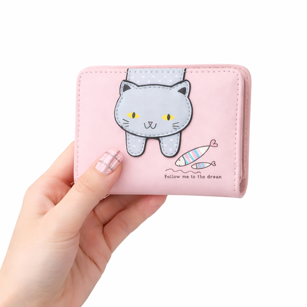 Women’s Cute Cat Wallet – Pink PU Leather Foldable Purse with Cat & Fish Pattern