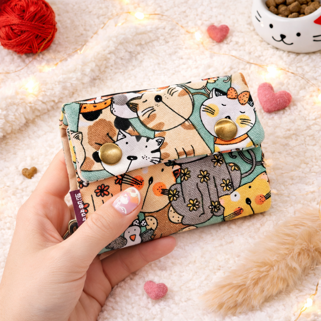 Canvas Cartoon Cat Wallet – Cute Fold Short Women’s Pocket Purse with Snap Closure