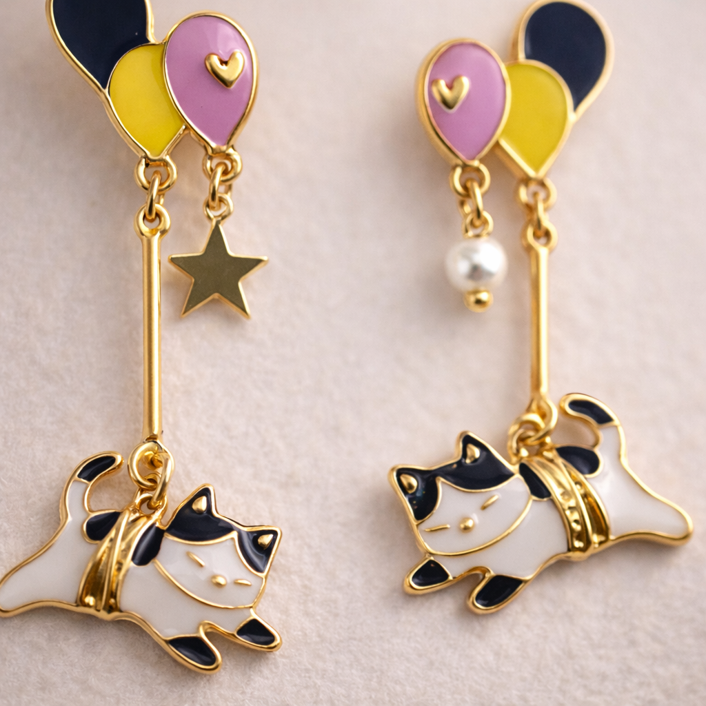 Cute Enamel Cat Balloon Tassel Earrings – Asymmetrical Cat Pearl Drop Earrings for Women
