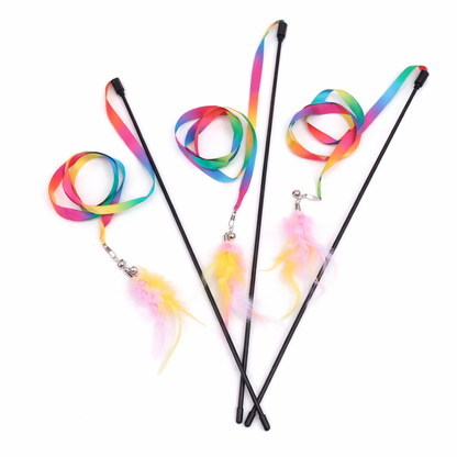 Interactive Feather Cat Wand Toy – Satin Ribbon Teaser Stick with Bell for Kittens & Cats
