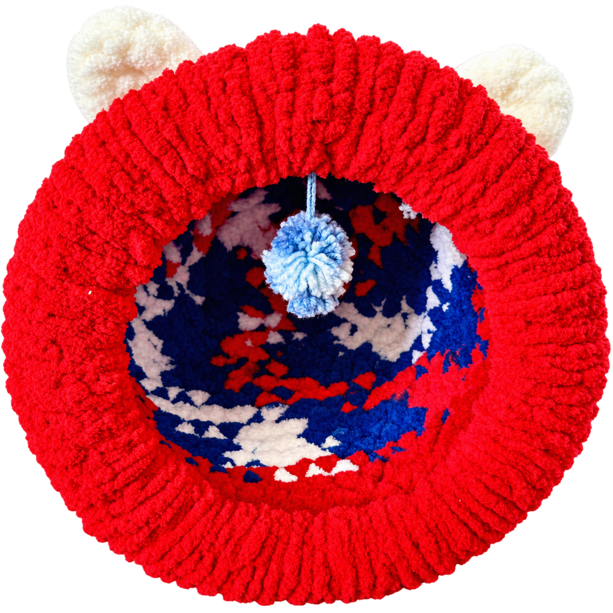 Luxury Handmade Chunky Knit Cat Cave Bed with Pom-Pom Toy