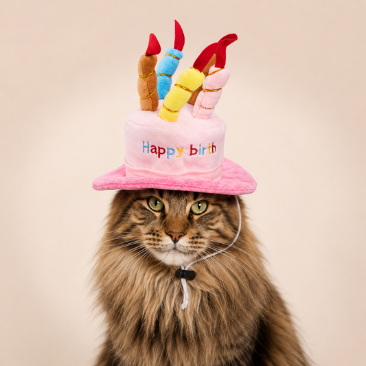 Pet Birthday Hat with Colorful Candles – Adjustable Birthday Costume for Cats & Dogs