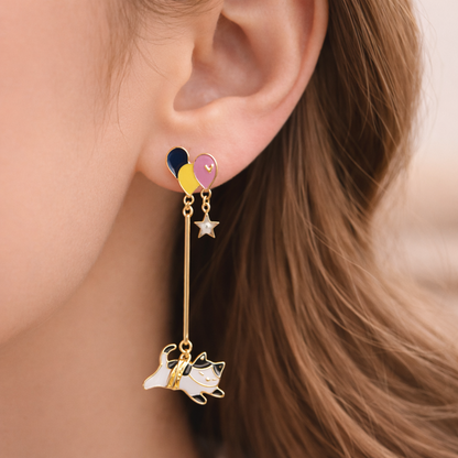 Cute Enamel Cat Balloon Tassel Earrings – Asymmetrical Cat Pearl Drop Earrings for Women