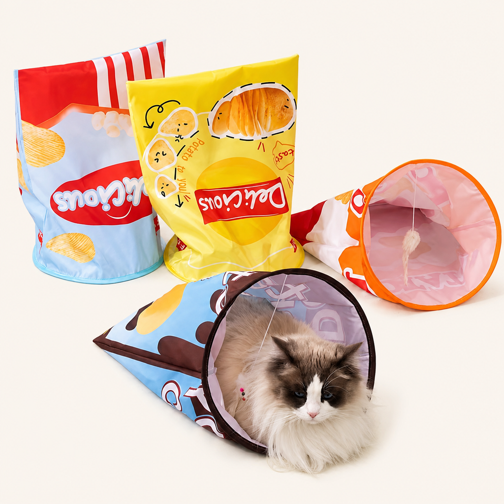 Crunchy Chips Crinkle Cat Tunnel Toy – Interactive Hideaway for Indoor Cats
