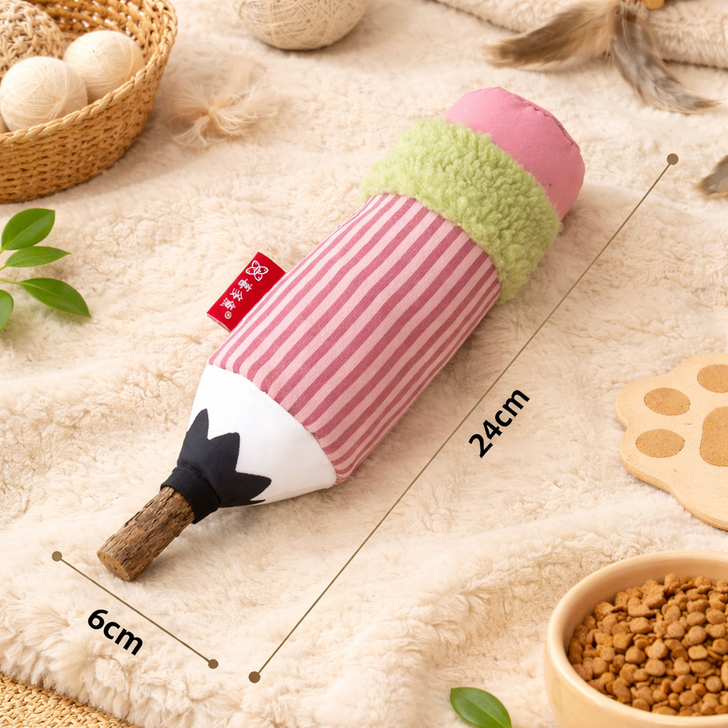 Cat Teaser Stick Toy – Catnip Plush Crinkle Toy with Natural Teething Stick | Bite-Resistant Interactive Cat Toy (24cm)