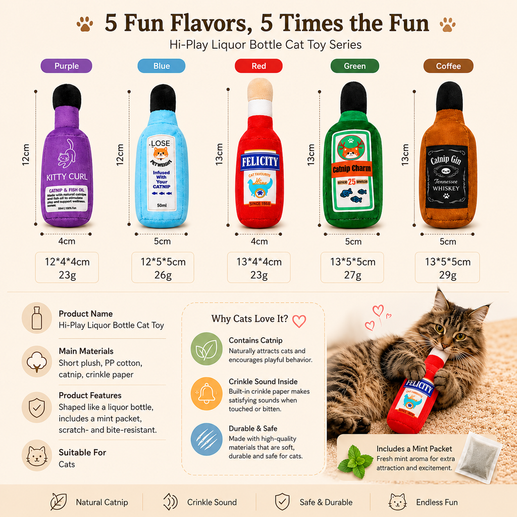 Cat Wine Bottle Plush Toy with Catnip – Crinkle Interactive Chew Toy for Cats