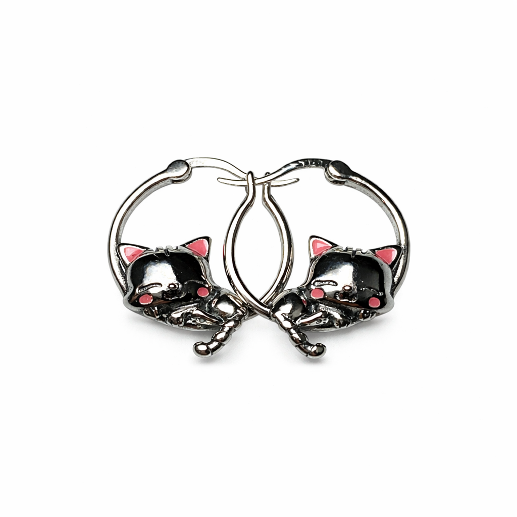 Silver Sleeping Cat Earrings - Sterling Silver 925 Sleeping Cat Hoop Earrings