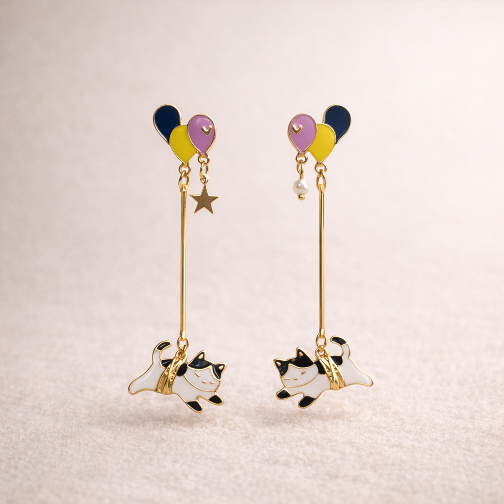 Cute Enamel Cat Balloon Tassel Earrings – Asymmetrical Cat Pearl Drop Earrings for Women