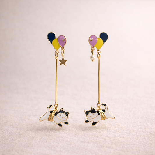 Cute Enamel Cat Balloon Tassel Earrings – Asymmetrical Cat Pearl Drop Earrings for Women