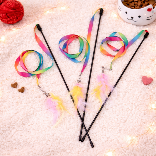 Interactive Feather Cat Wand Toy – Satin Ribbon Teaser Stick with Bell for Kittens & Cats