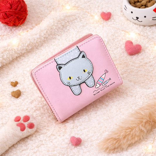 Women’s Cute Cat Wallet – Pink PU Leather Foldable Purse with Cat & Fish Pattern