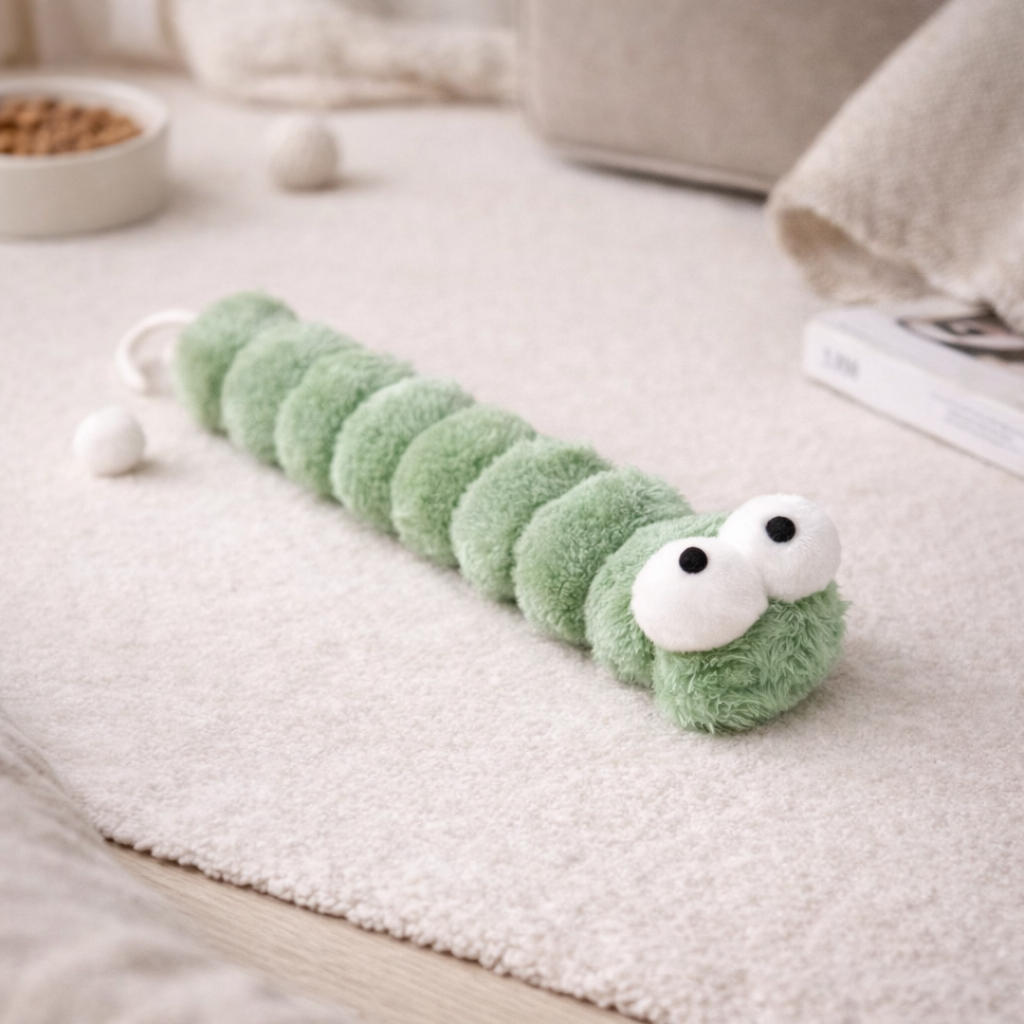 Plush caterpillar toy on a light surface with a neutral background