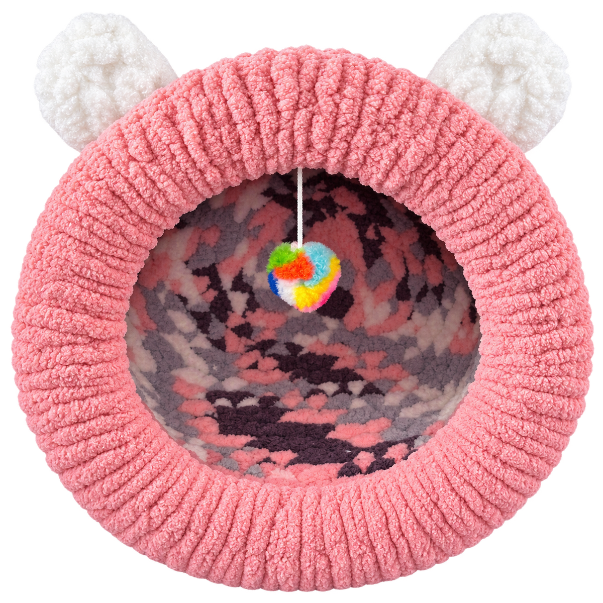 Luxury Handmade Chunky Knit Cat Cave Bed with Pom-Pom Toy