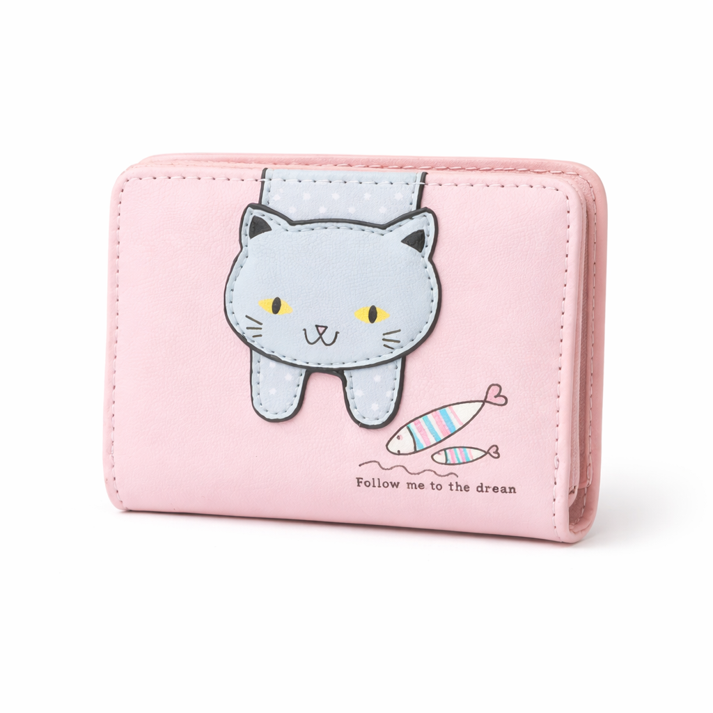 Women’s Cute Cat Wallet – Pink PU Leather Foldable Purse with Cat & Fish Pattern