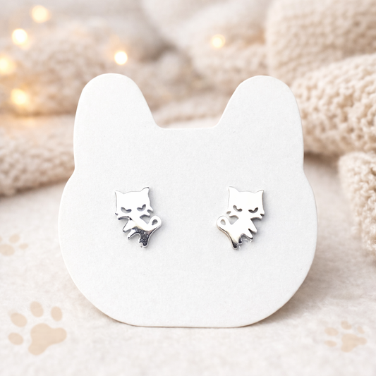 Stainless Steel Cat Stud Earrings – Cute Kitten Silhouette Minimalist Silver Jewellery