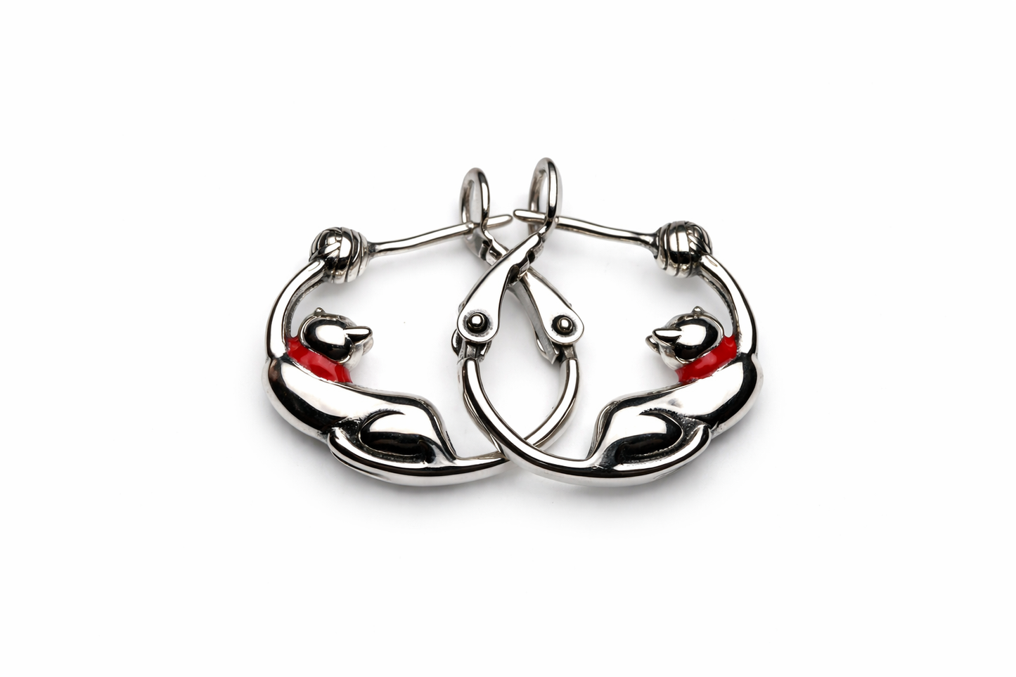 Sterling Silver Cat Hoop Earrings – Red Collar