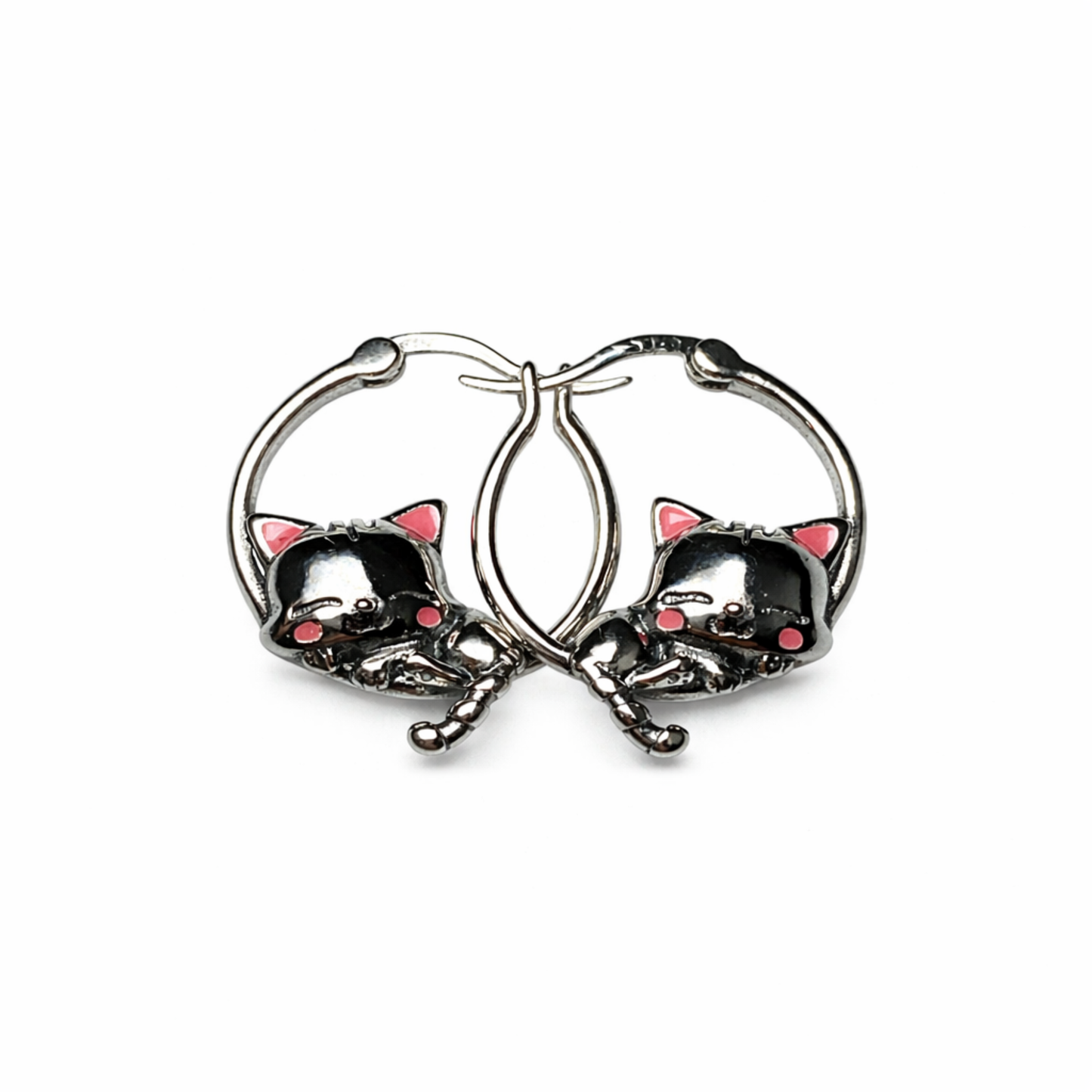Silver Sleeping Cat Earrings - Sterling Silver 925 Sleeping Cat Hoop Earrings