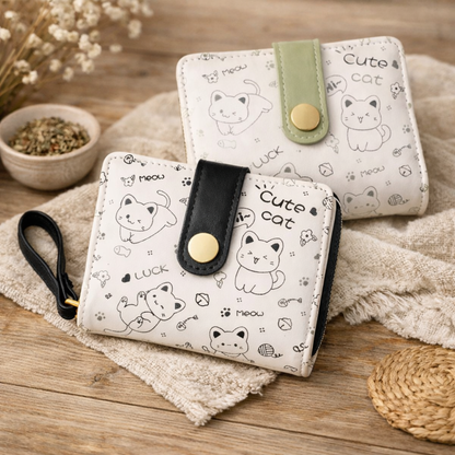 Cat Print Wallet – Green / Black