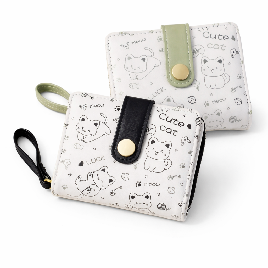 Cat Print Wallet – Green / Black