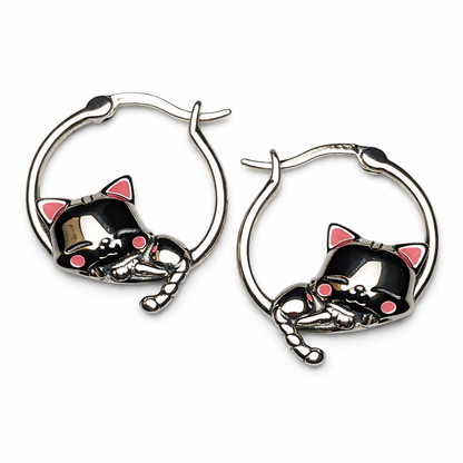 Silver Sleeping Cat Earrings - Sterling Silver 925 Sleeping Cat Hoop Earrings