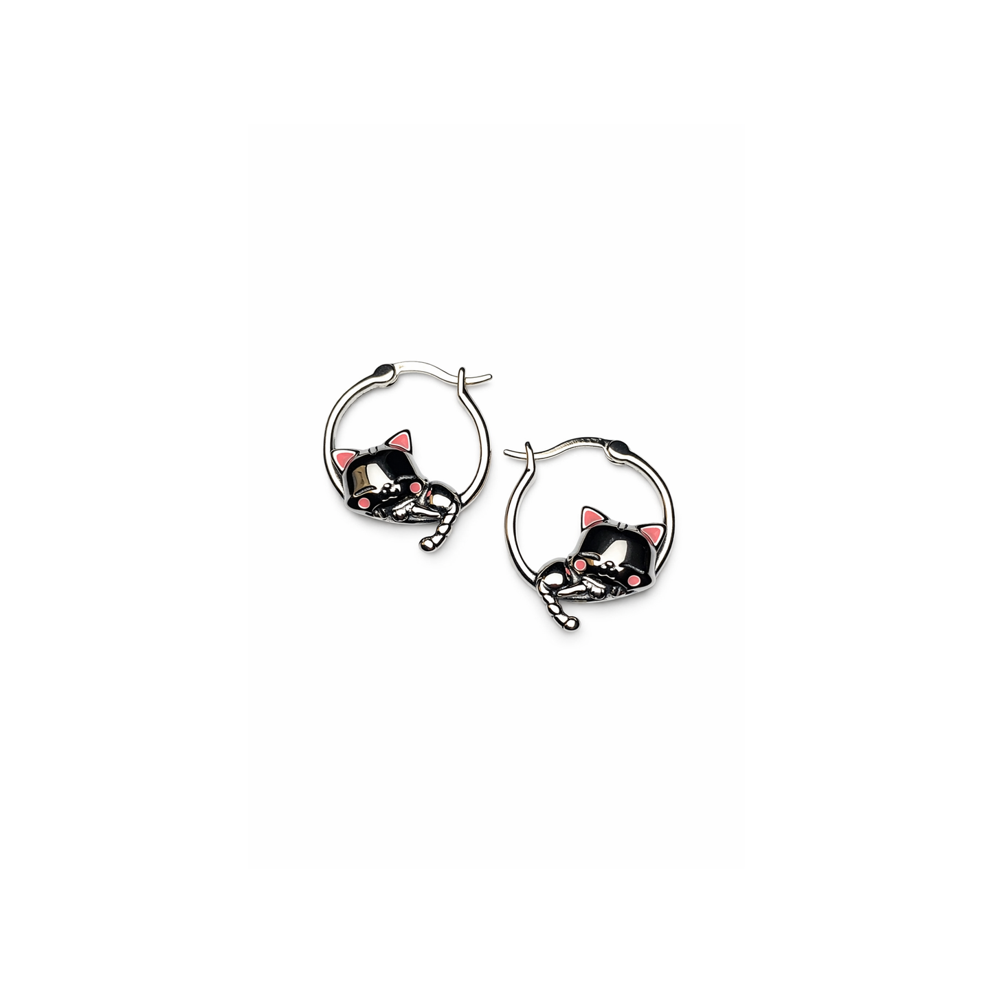 Silver Sleeping Cat Earrings - Sterling Silver 925 Sleeping Cat Hoop Earrings