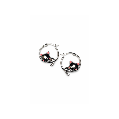 Silver Sleeping Cat Earrings - Sterling Silver 925 Sleeping Cat Hoop Earrings