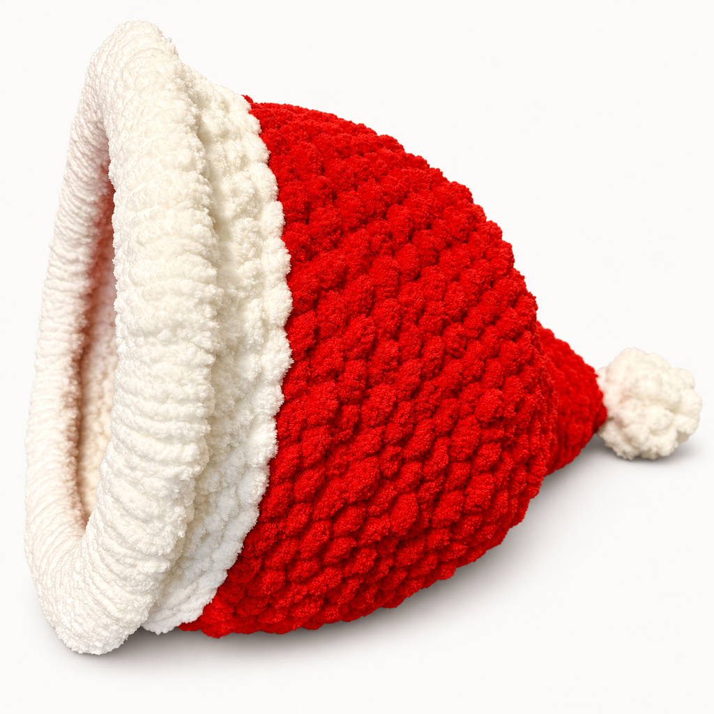 Christmas Chunky Knit Cave in red and white, side view on a warm white background
