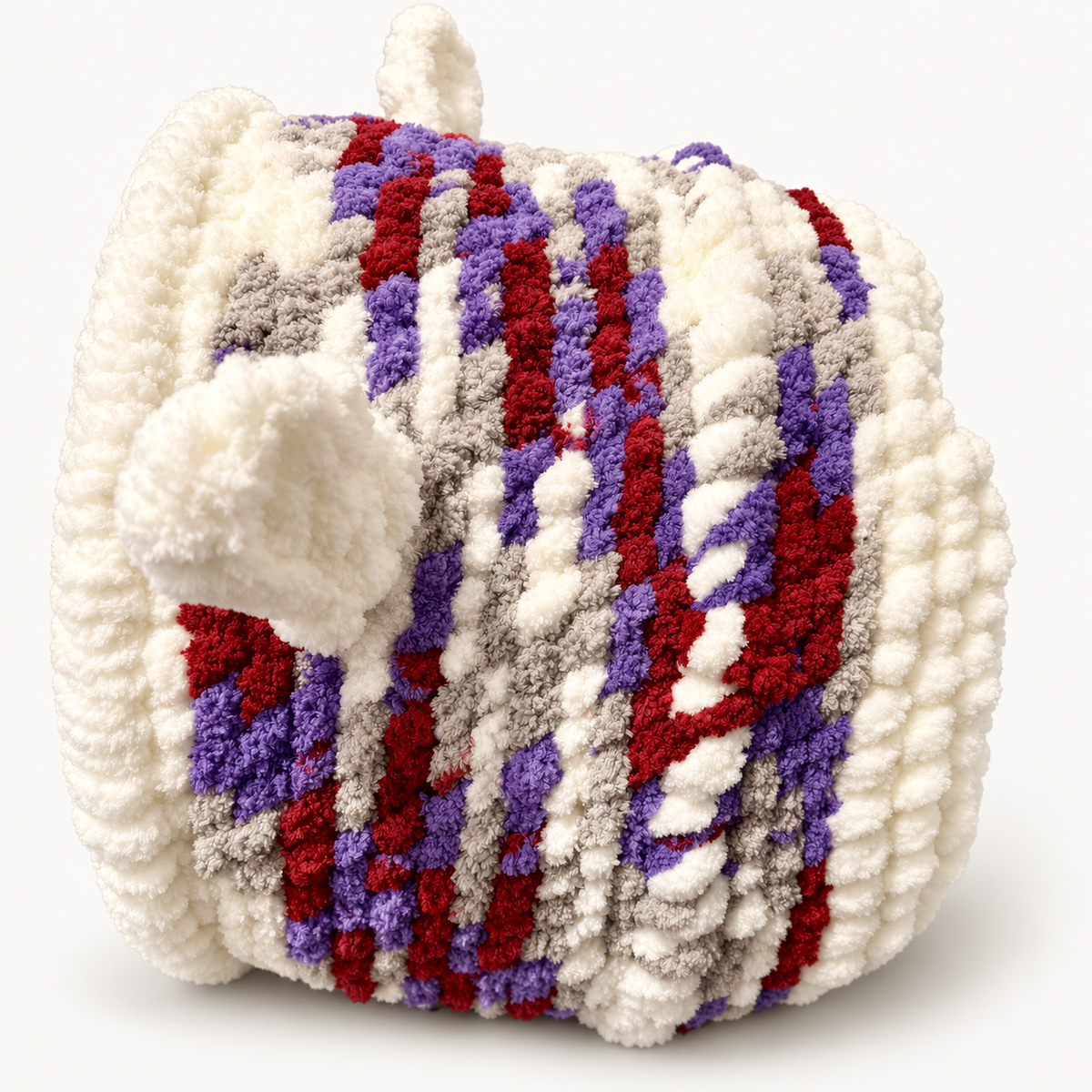 Chunky Knit Cave white, purple, red and grey, side view on warm white background