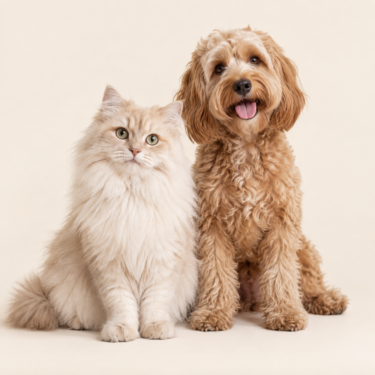 A cream long-haired cat sitting beside a golden cockapoo