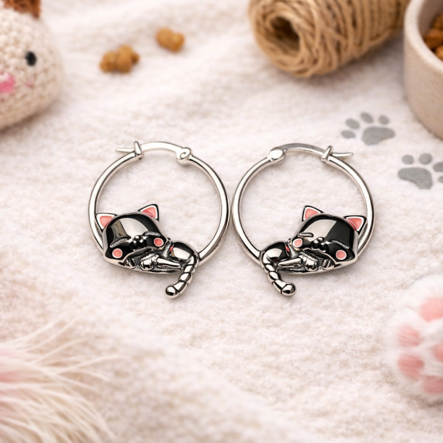Silver Sleeping Cat Earrings - Sterling Silver 925 Sleeping Cat Hoop Earrings