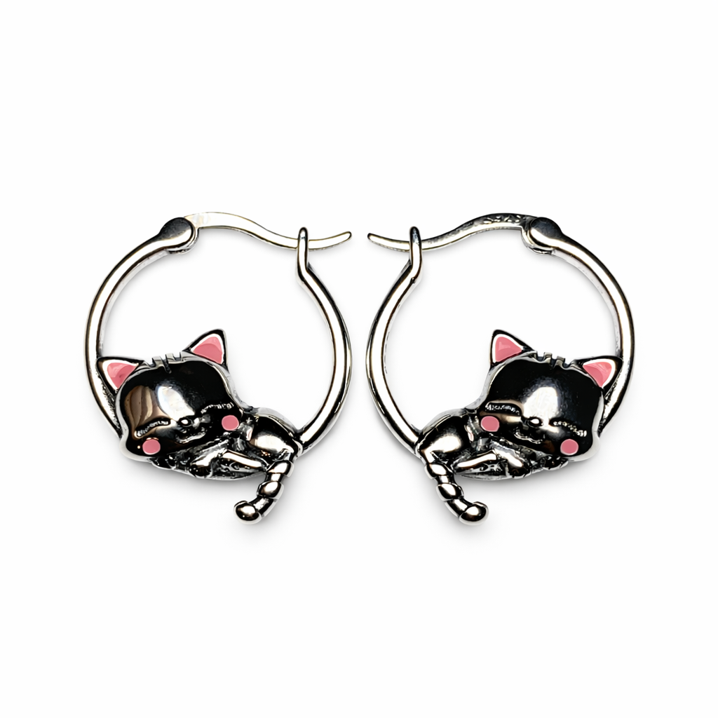 Silver Sleeping Cat Earrings - Sterling Silver 925 Sleeping Cat Hoop Earrings